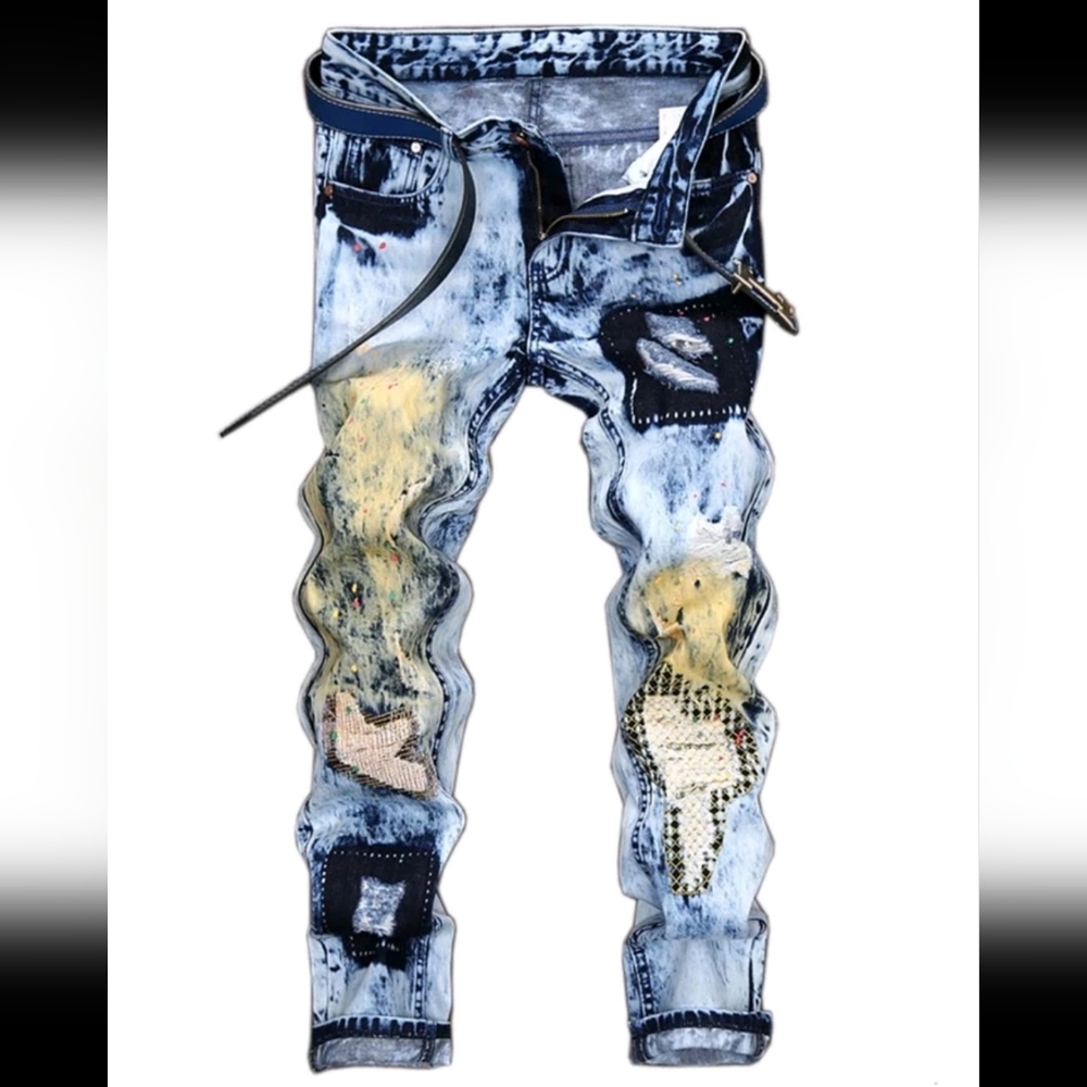 Men Graphic Print Ripped Frayed Rag Stitching Jeans Without Belt
